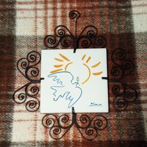 Decorative Ceramic Tile with Dove and Sun Design
